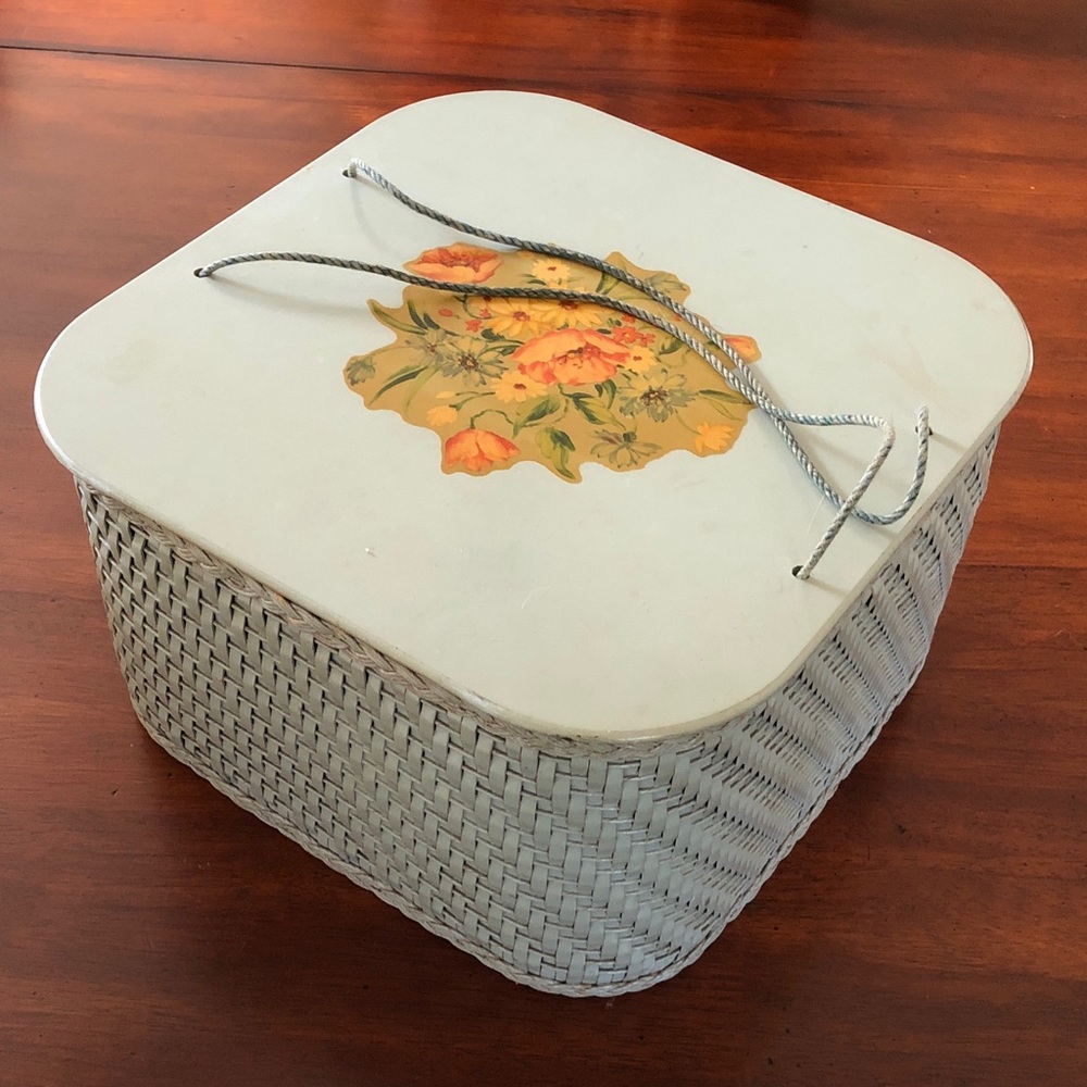 Vintage Wicker Sewing Basket with Wooden Lid